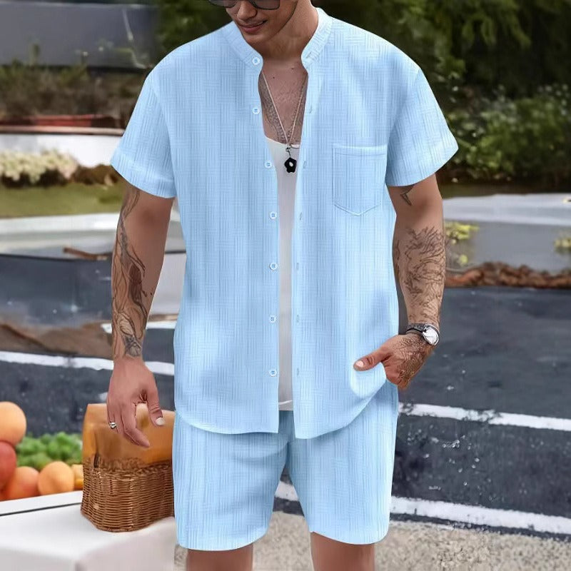 Solid Color Standing Collar Henley Shirt Short Sleeve Shorts Beach Set