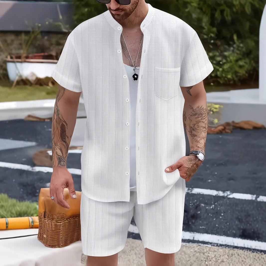 Solid Color Standing Collar Henley Shirt Short Sleeve Shorts Beach Set