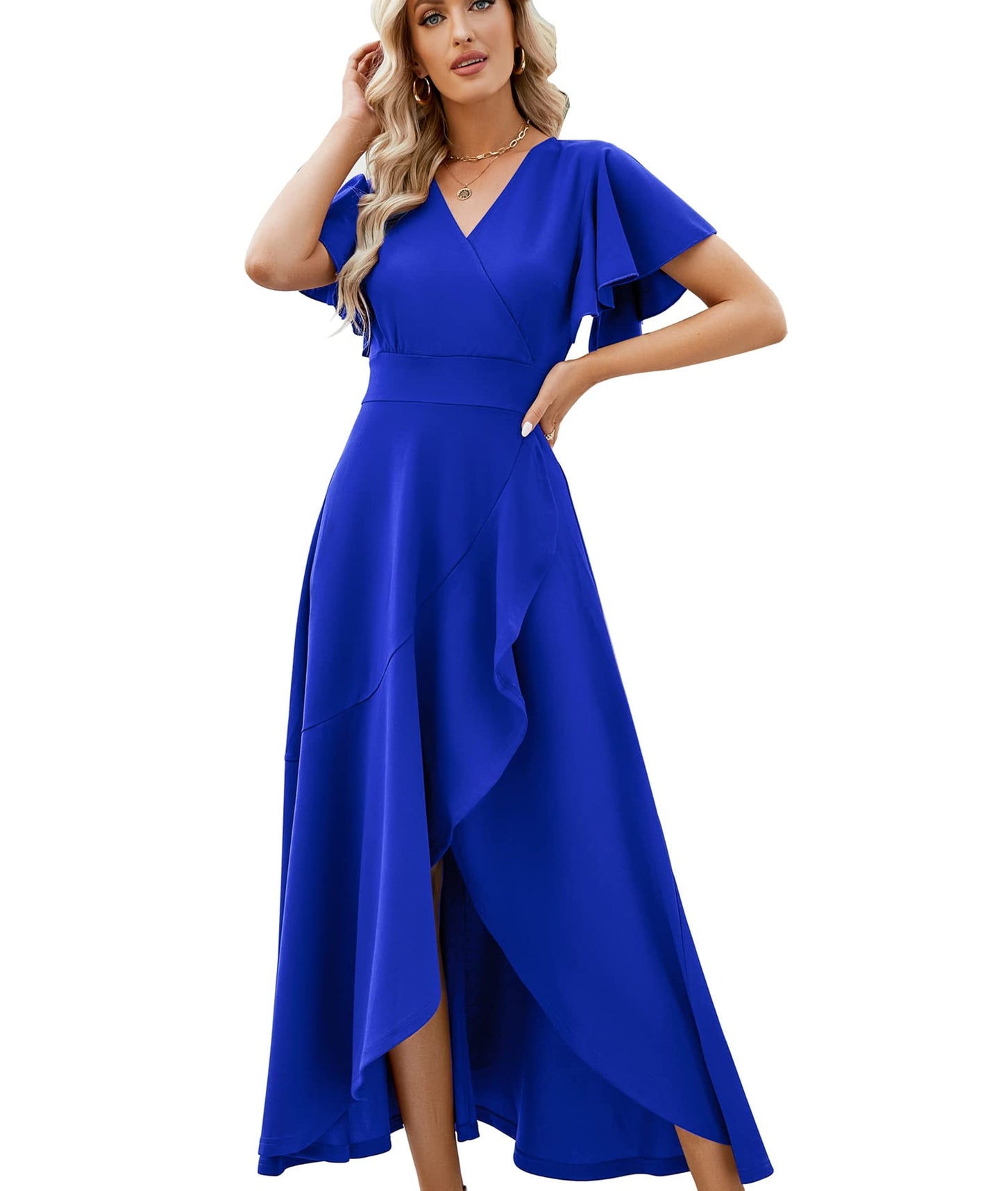 Split Elegant V Neck Wrap Ruffle Wedding Guest Dresses