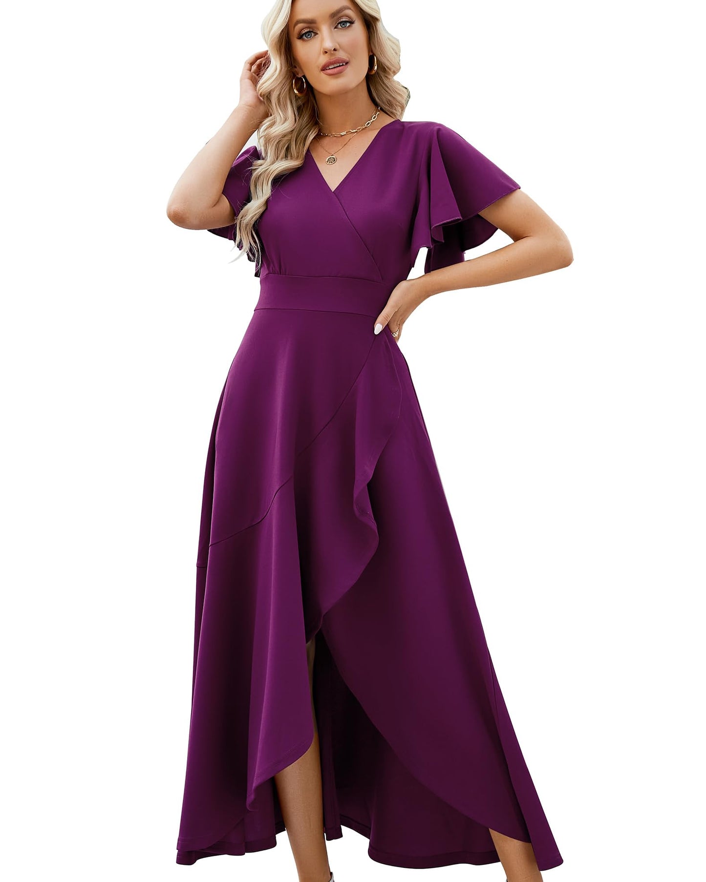 Split Elegant V Neck Wrap Ruffle Wedding Guest Dresses