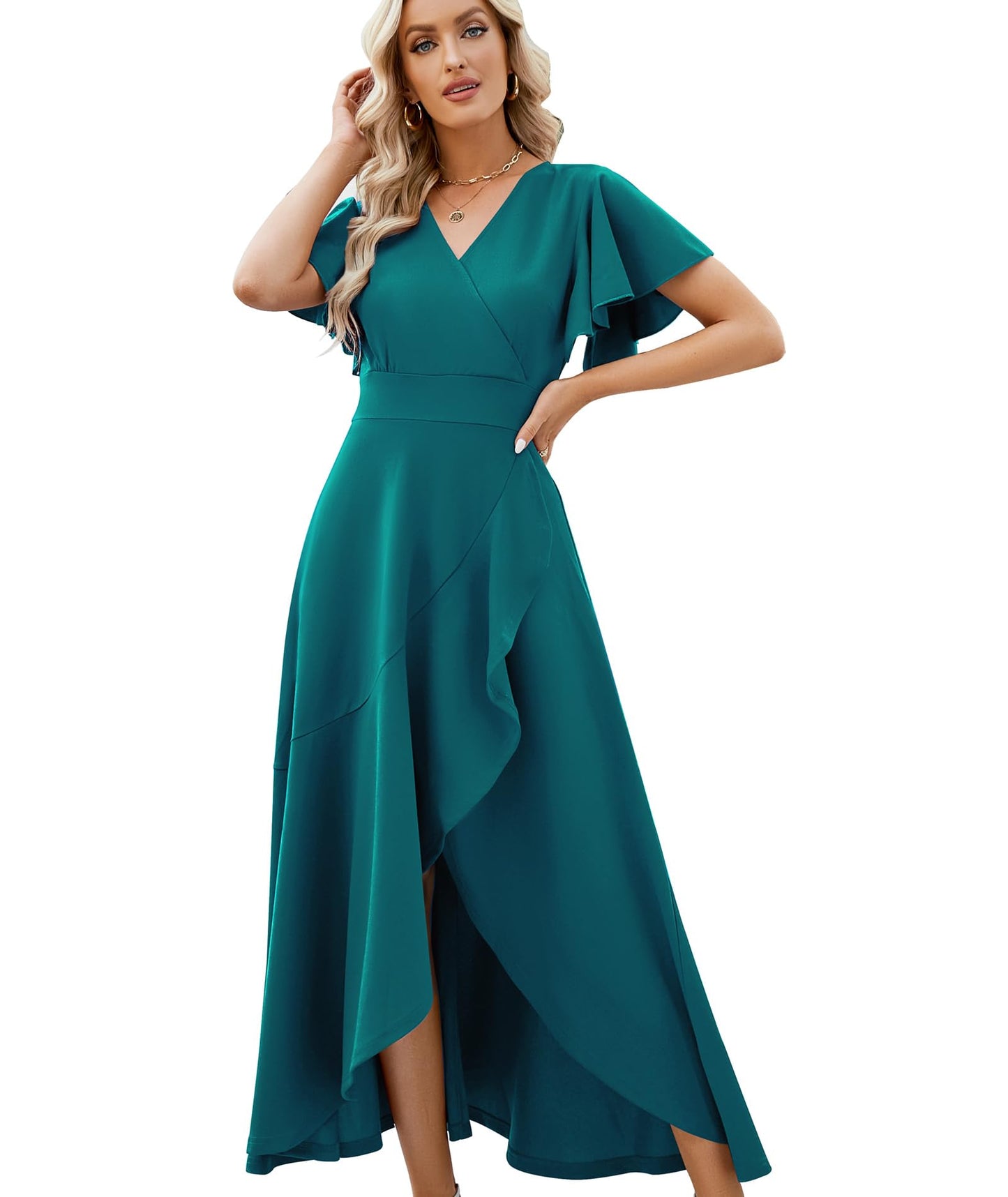 Split Elegant V Neck Wrap Ruffle Wedding Guest Dresses