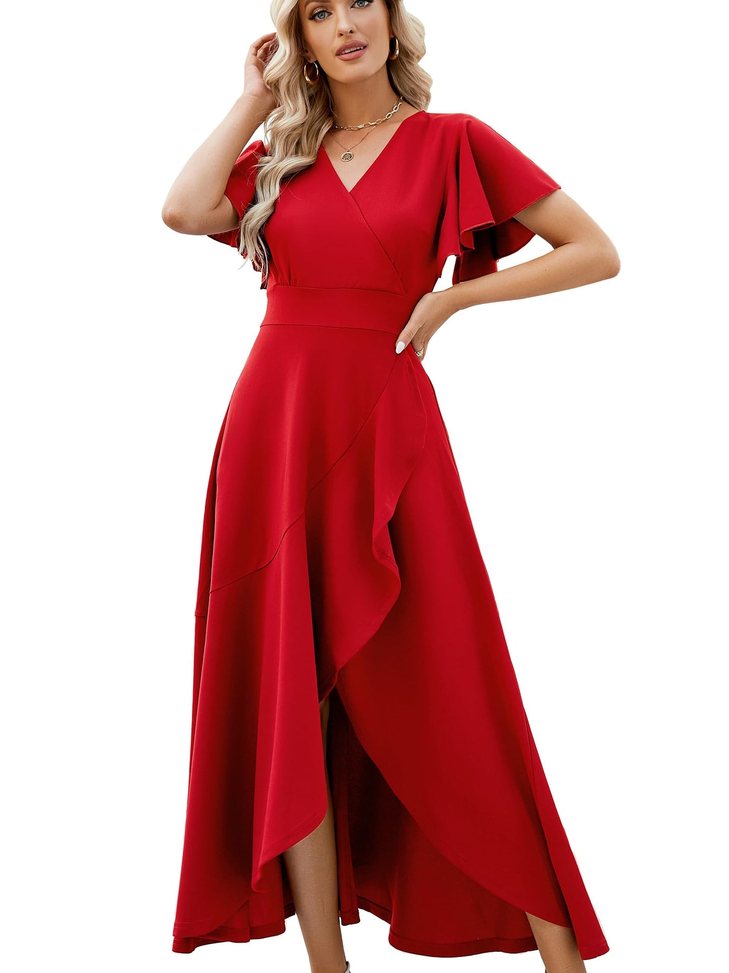 Split Elegant V Neck Wrap Ruffle Wedding Guest Dresses