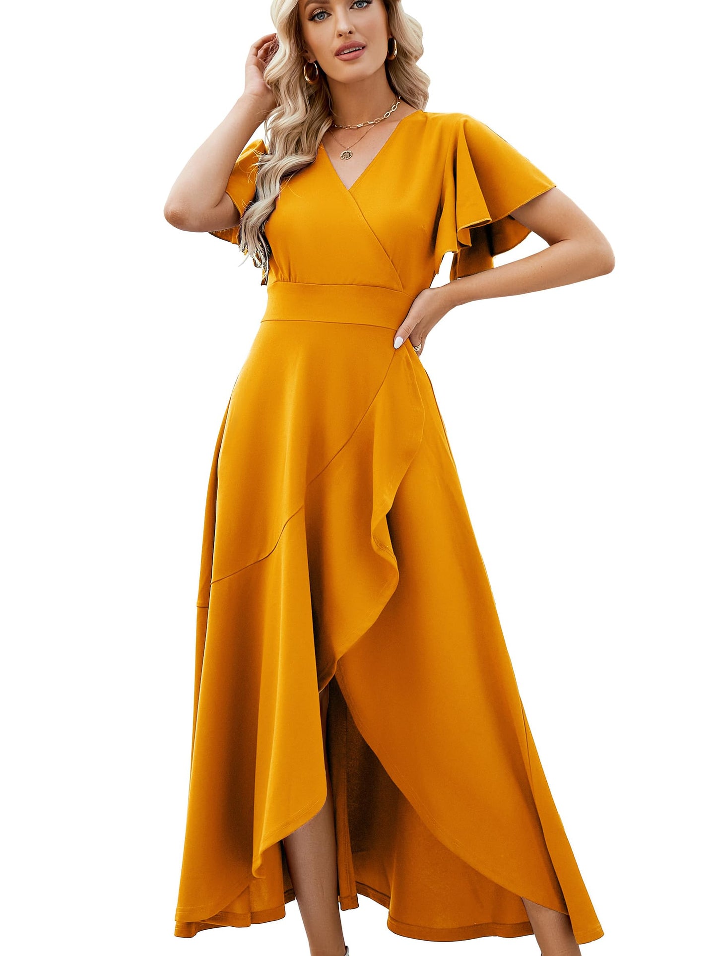 Split Elegant V Neck Wrap Ruffle Wedding Guest Dresses