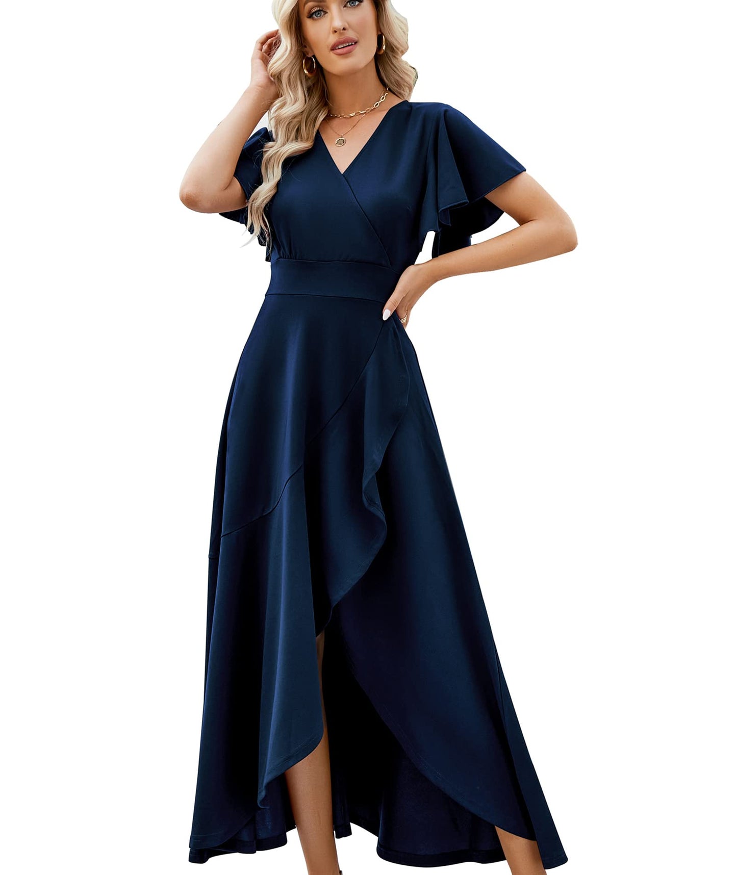 Split Elegant V Neck Wrap Ruffle Wedding Guest Dresses
