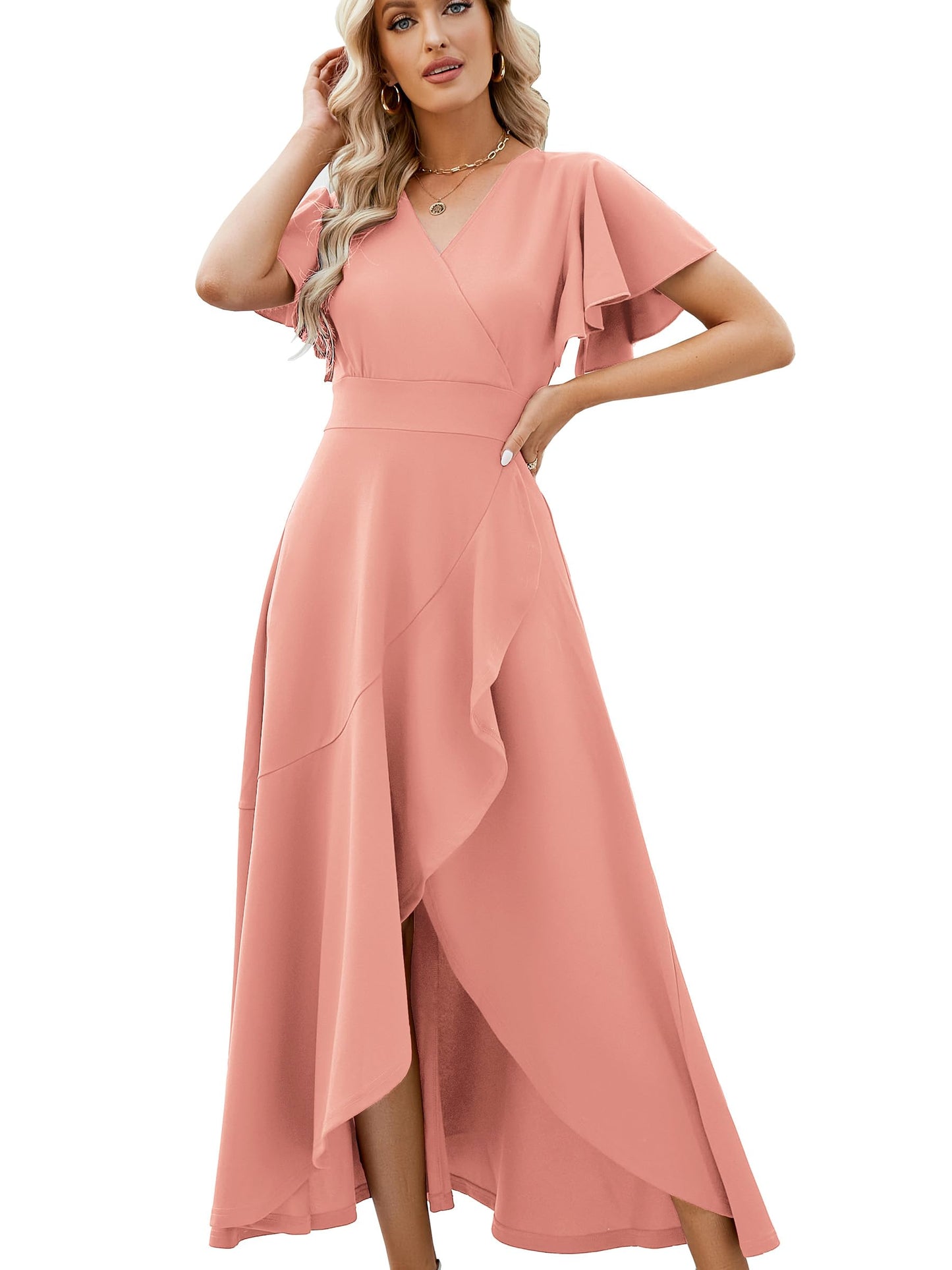 Split Elegant V Neck Wrap Ruffle Wedding Guest Dresses