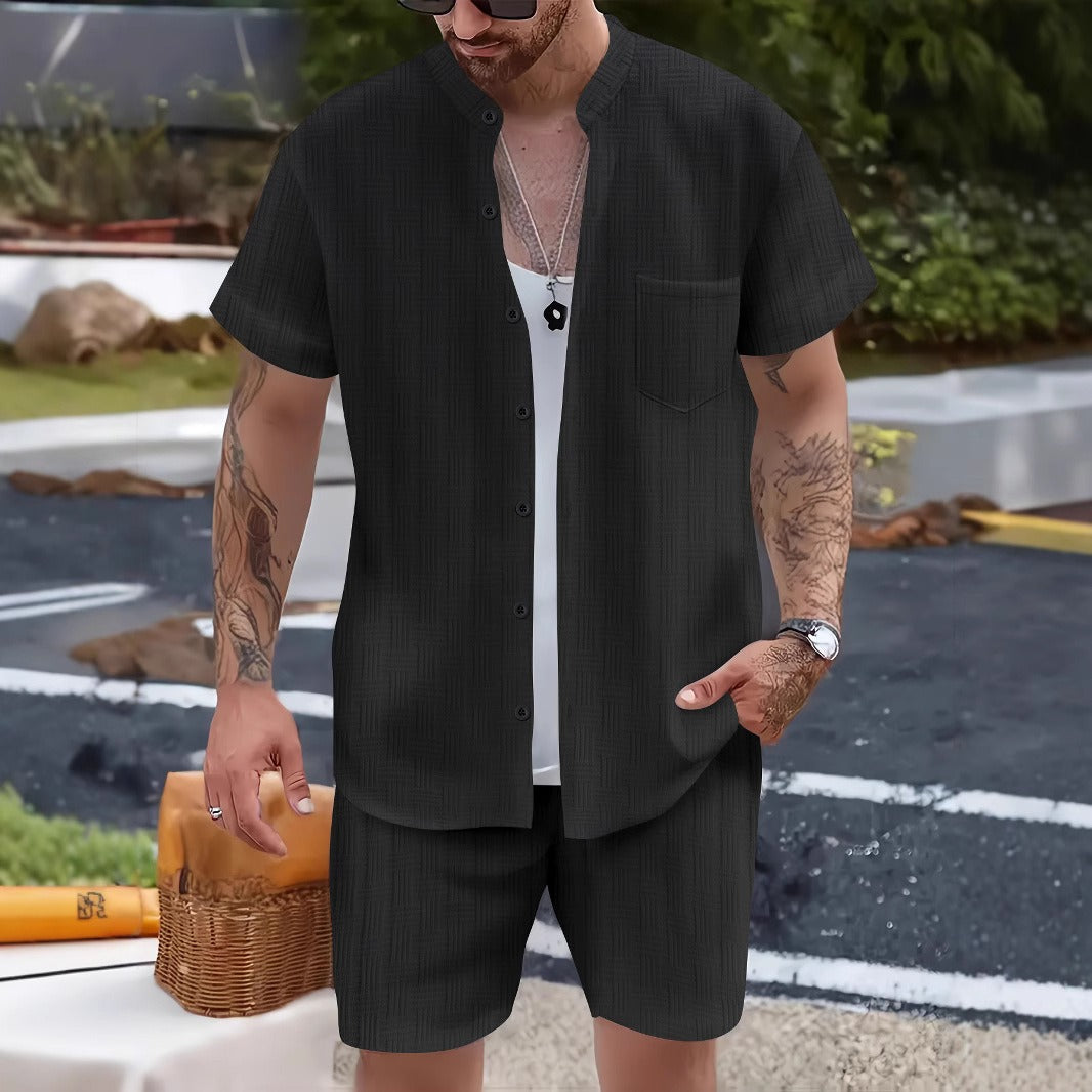 Solid Color Standing Collar Henley Shirt Short Sleeve Shorts Beach Set